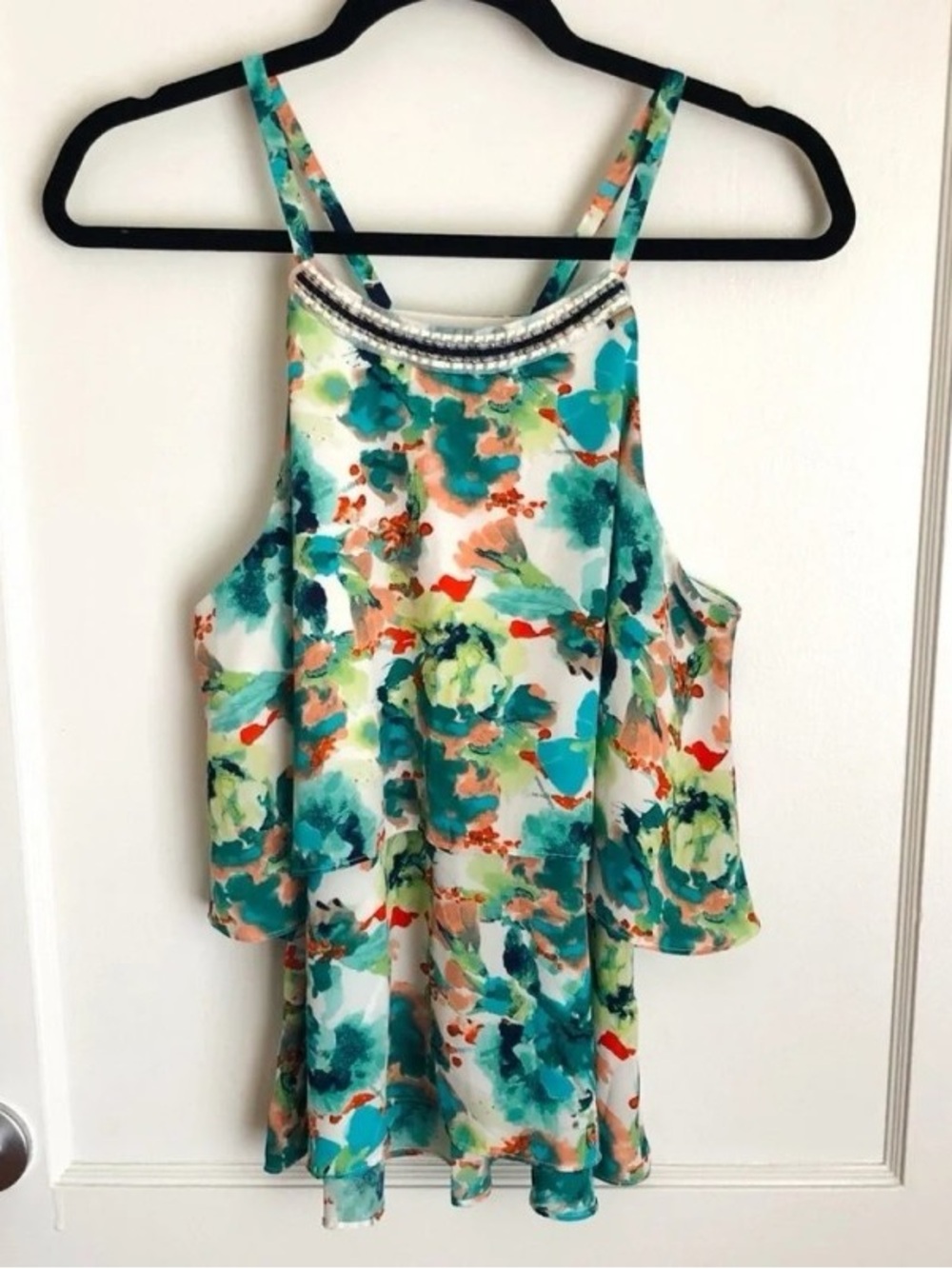 Floral Aqua Cold-Shoulder Halter Tank Top